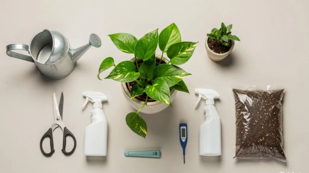 Clean, styled pothos care flat-lay