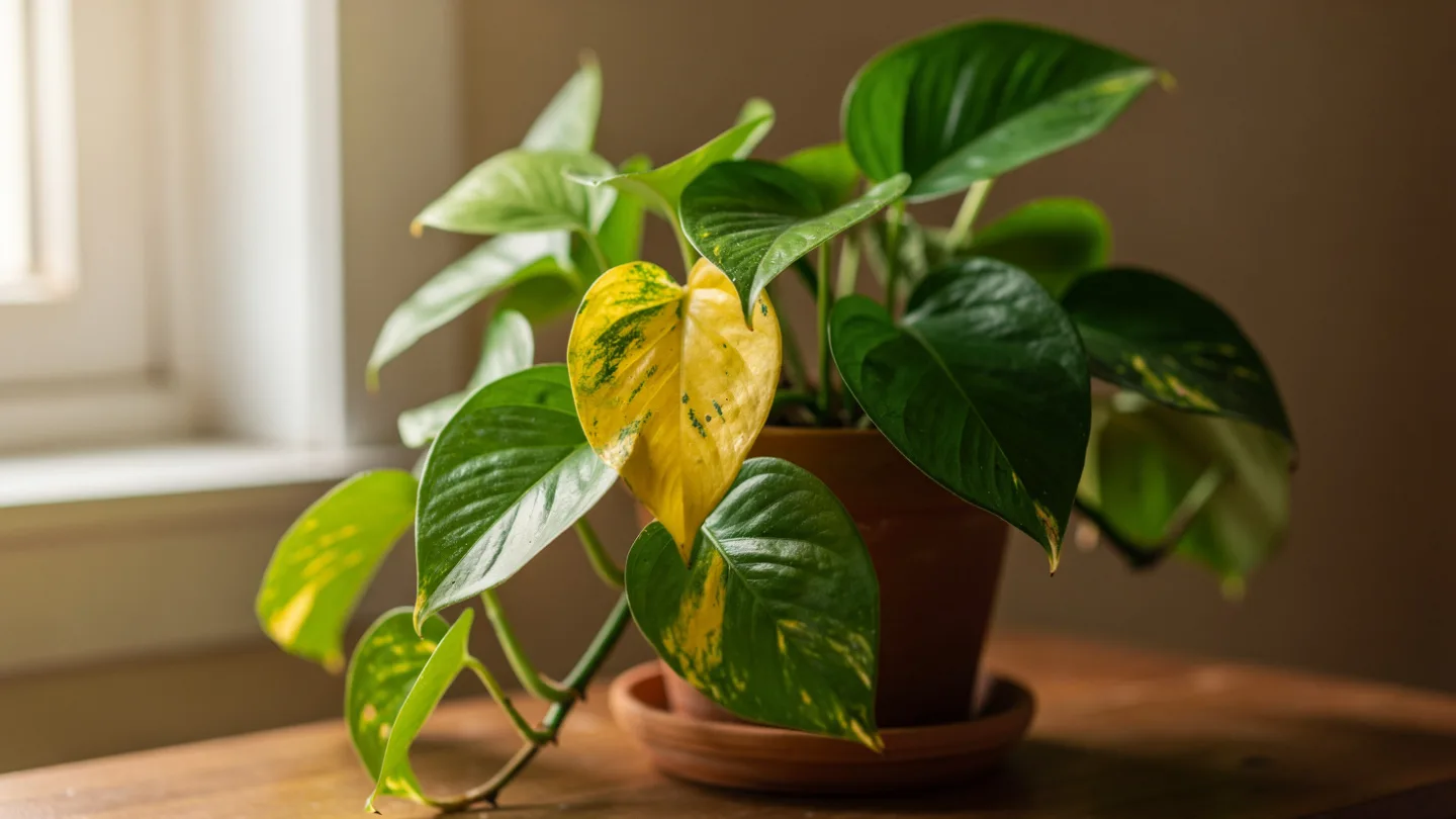 pothos plant with yellowing leaves next to healthy green leaves in a terracotta pot near a window